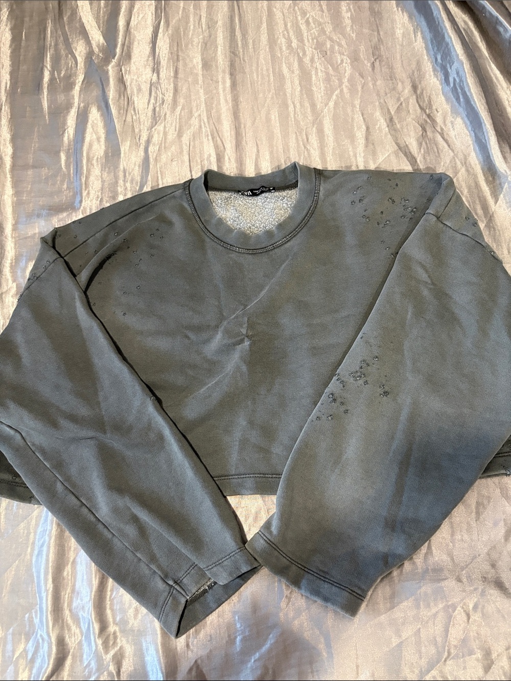 Zara Cropped Olive Green Distressed Crewneck Sweatshirt